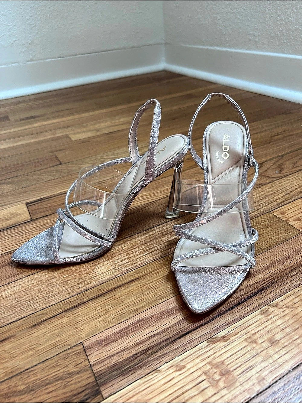 ALDO Silver Rhinestone Strappy Stiletto Heels Clear Vinyl Sandals Size 6.5